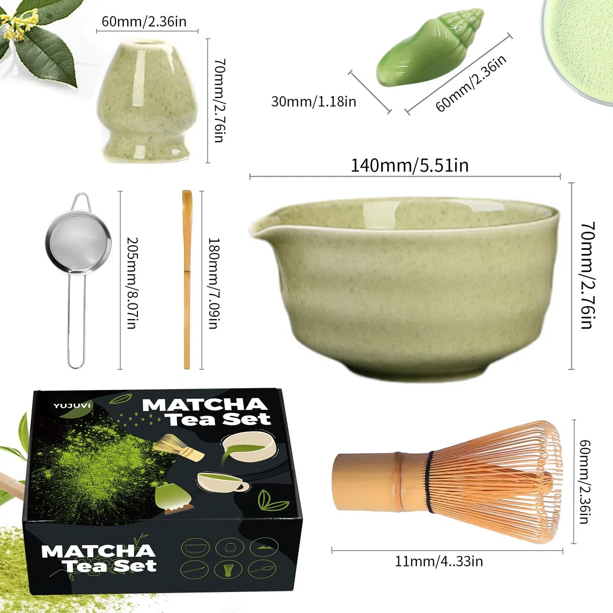 Matcha Tea Set Matcha Set 6-Teiliges Set Matcha Besen Matcha Schale mit Auslauf Japanisches Matcha Tea Set Matcha Besenhalter, Sieb, Schaufel, Tea Set (Matcha Farbe 6 STK Set)