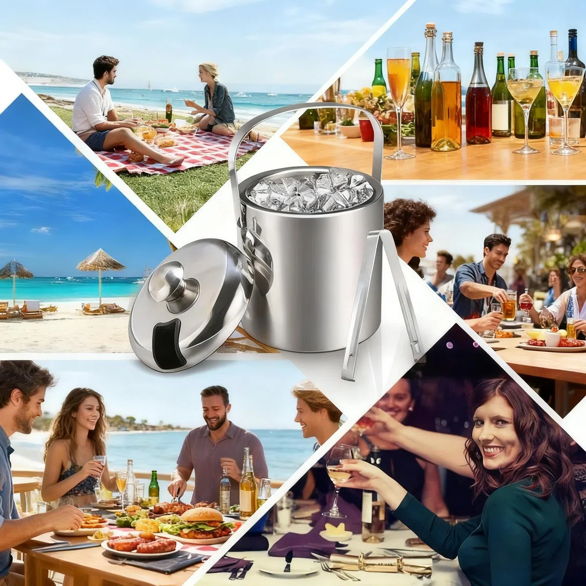 Eiswürfelbehälter mit deckel 1.3L, Eiswürfelbehälter Edelstahl mit Sieb und Eiszange, Doppelwandig Isoliert, Tragbarer Eiskübe Ideal für Bier, Wein, Champagner, Für Bar, Party, Camping & Grillen