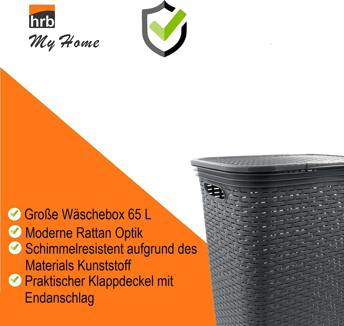 HRB Wäschekorb mit Deckel Rattan, Wäscheaufbewahrung aus Kunststoff, Wäsche Sortierer (65 L - Eckig, Anthrazit)