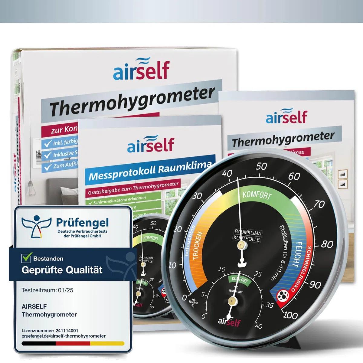 Thermohygrometer analog innen, schwarzes Ziffernblatt, farbige Komfortzonen | Thermometer und Feuchtigkeitsmesser