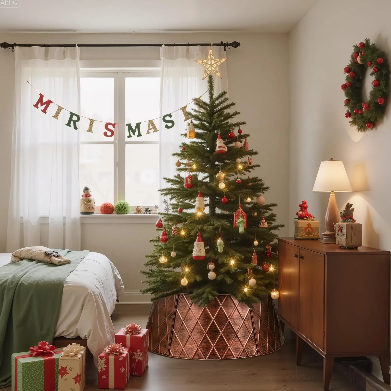 Lanpn Metall Weihnachtsbaum Kragen 50cm, Weihnachtsbaum Halsband Christmas Tree Collar Für Klein Mini S Wetterfest Für Kunstbäume Innen Außen - Weihnachtsdekoration (Kupfer, Raute)