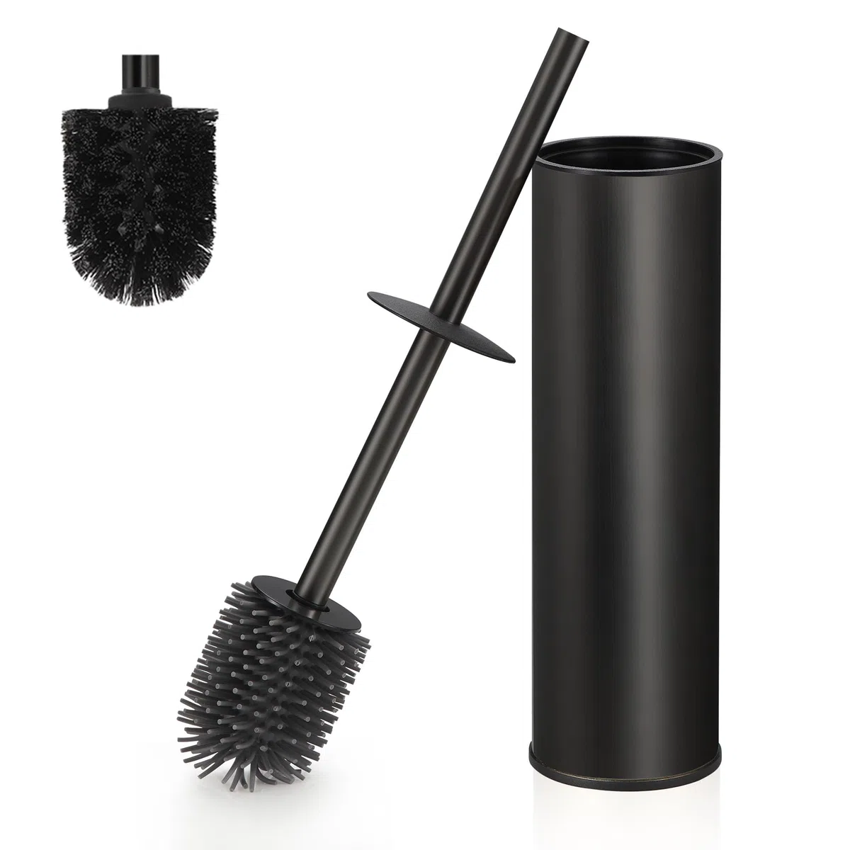 DAZI Klobürste freistehende metallisch, Schwarze Matte Toilettenbürste mit 2 Langen WC-Bürsten für eine Tiefenreinigung des Waschbeckens, Klobürste schwarz mit Tropf- und Verstopfungshemmung.