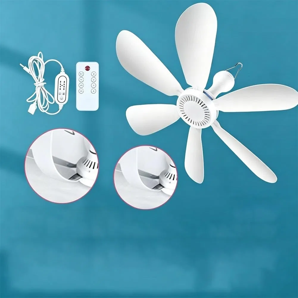 USB-Deckenventilator mit Fernbedienung und 6 Flügeln für Camping, Zelt, Schlafsaal, tragbar, leiser Zirkulator mit einstellbaren Einstellungen, weißes leichtes Design für den Innen- und Außenbereich