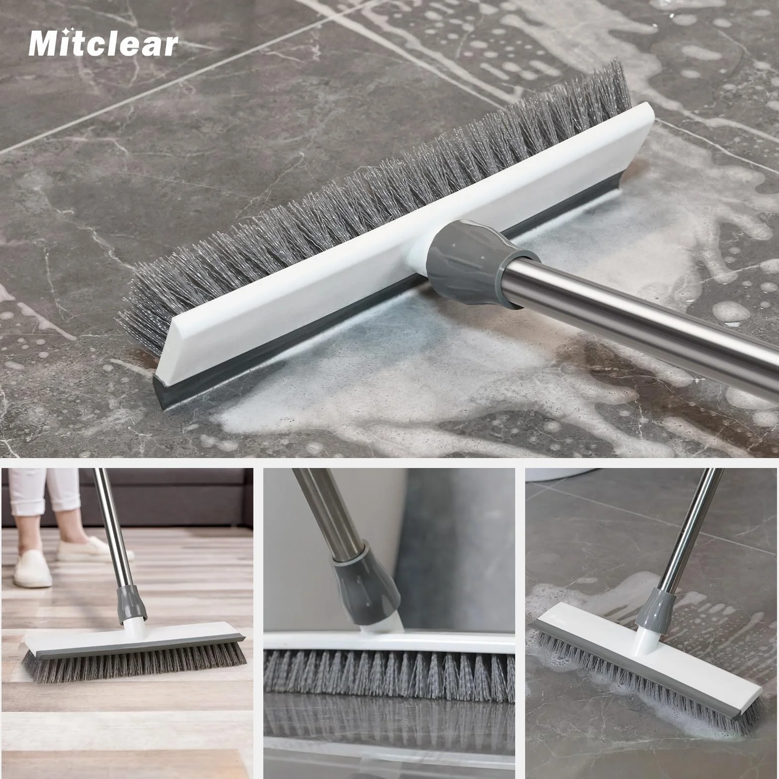 Mitclear Boden-Scheuerbürste mit Stiel(128cm), Schrubber Terrasse mit steife Borsten & Gummiabzieher, Terrassenreiniger, Scheuerbürste für die Reinigung von Fliesen, Balkon, Küche, Bad, Dusche, Garage