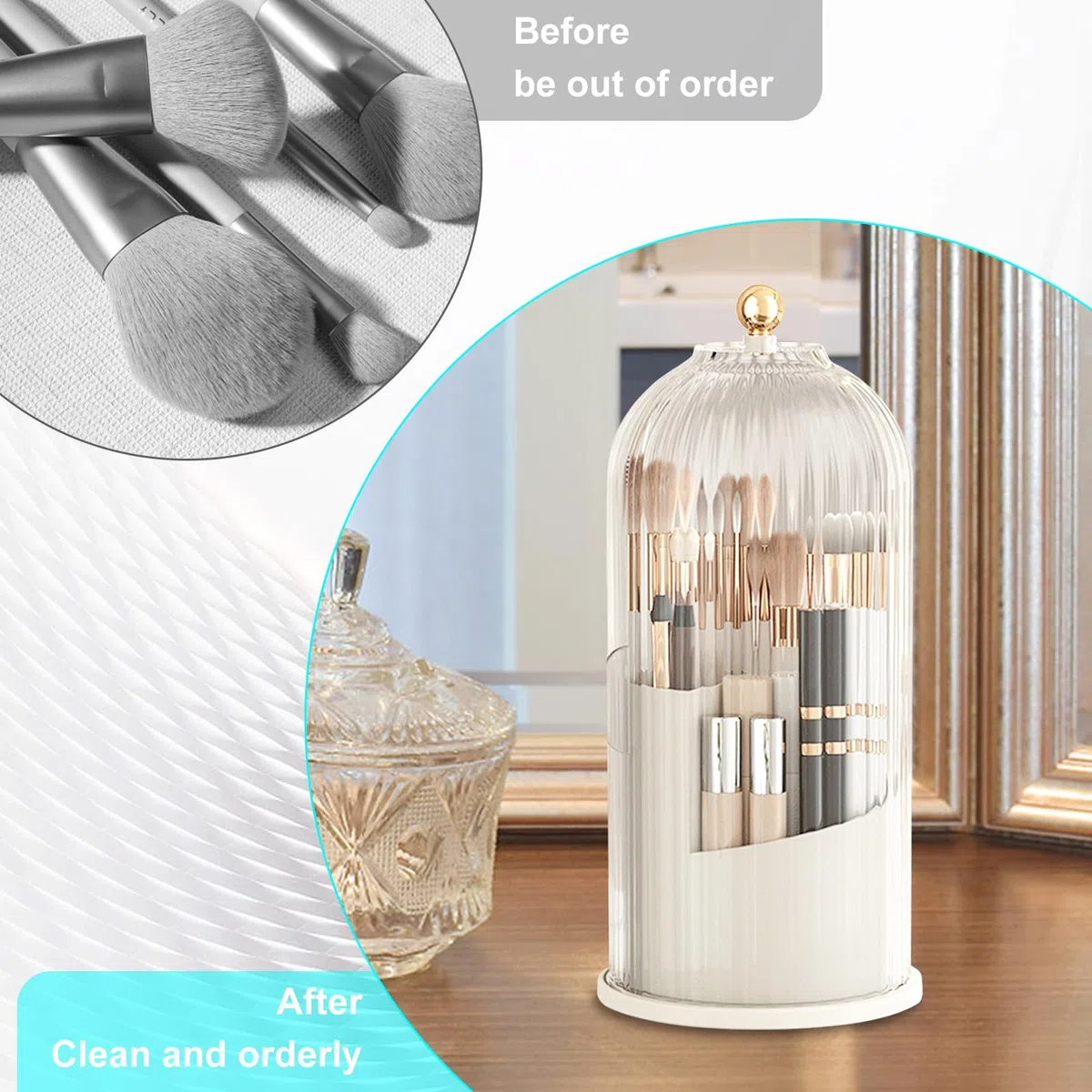 Make Up Kosmetik Organizer, 360 drehbarer Make-up-Pinselhalter, Organizer, transparent, staubdicht, Make-up-Pinsel-Organizer mit Deckel für Schminktisch, Badezimmer, Schlafzimmer (transparent)