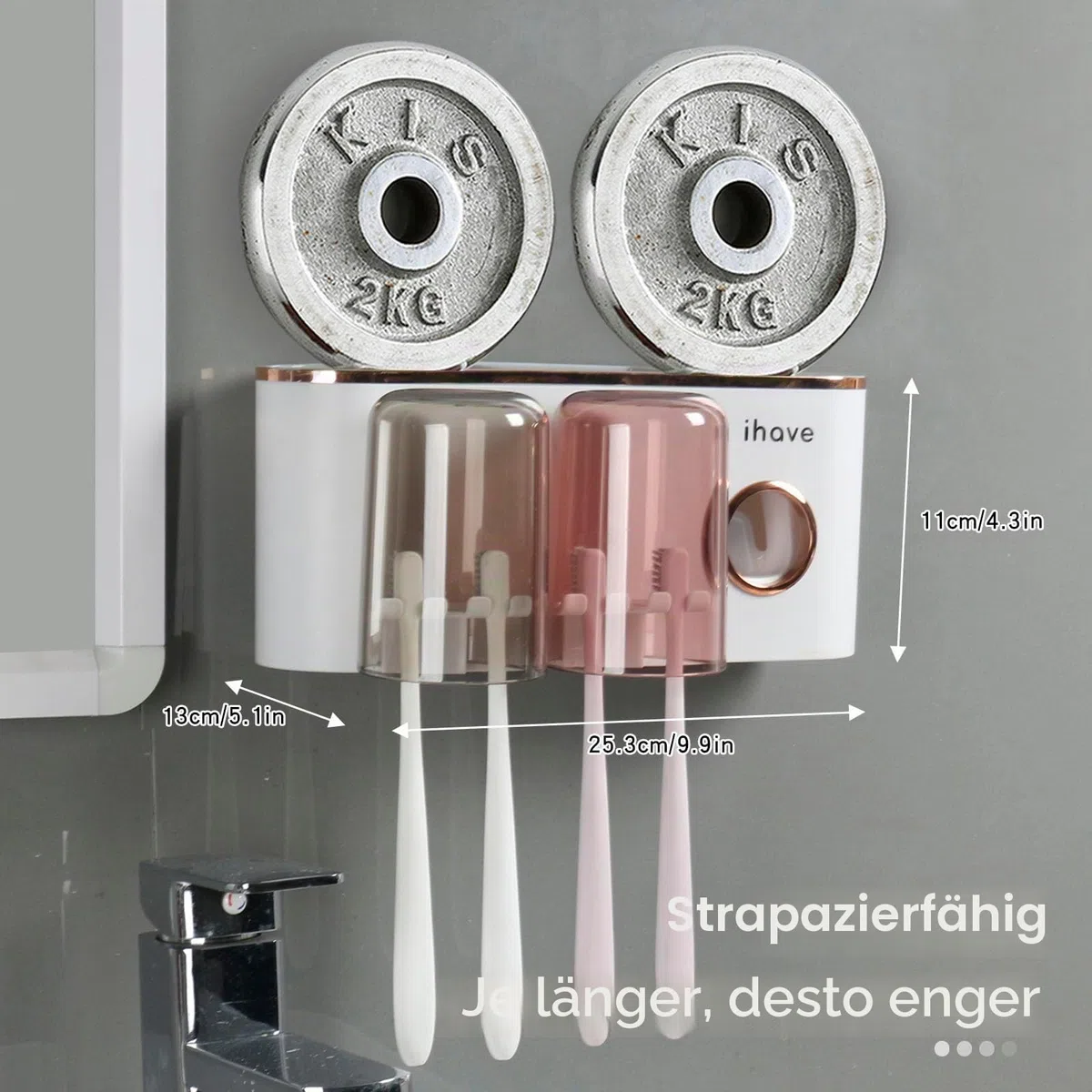 iHave Zahnbürstenhalter Wand mit Zahnpastaspender, Toothbrush Holder mit 2 Zahnputzbechern, elektrische Zahnbürste Halter ohne bohren, Multi Badezimmer Organizer & Aufbewahrung für Familie (Weiß Gold)