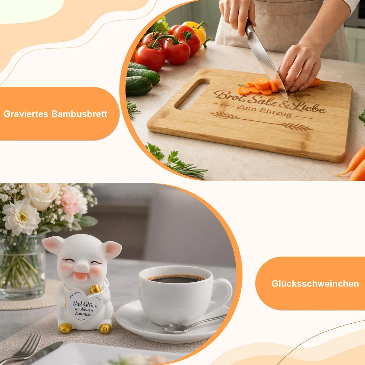 Geschenk zum Einzug Brot und Salz Set – Edles Einzugsgeschenk für Haus & Wohnung mit Bambusbrett, Brotkorb & Keramik-Glücksschwein – Inkl. Grußkarte – Geschenk für Hausbau