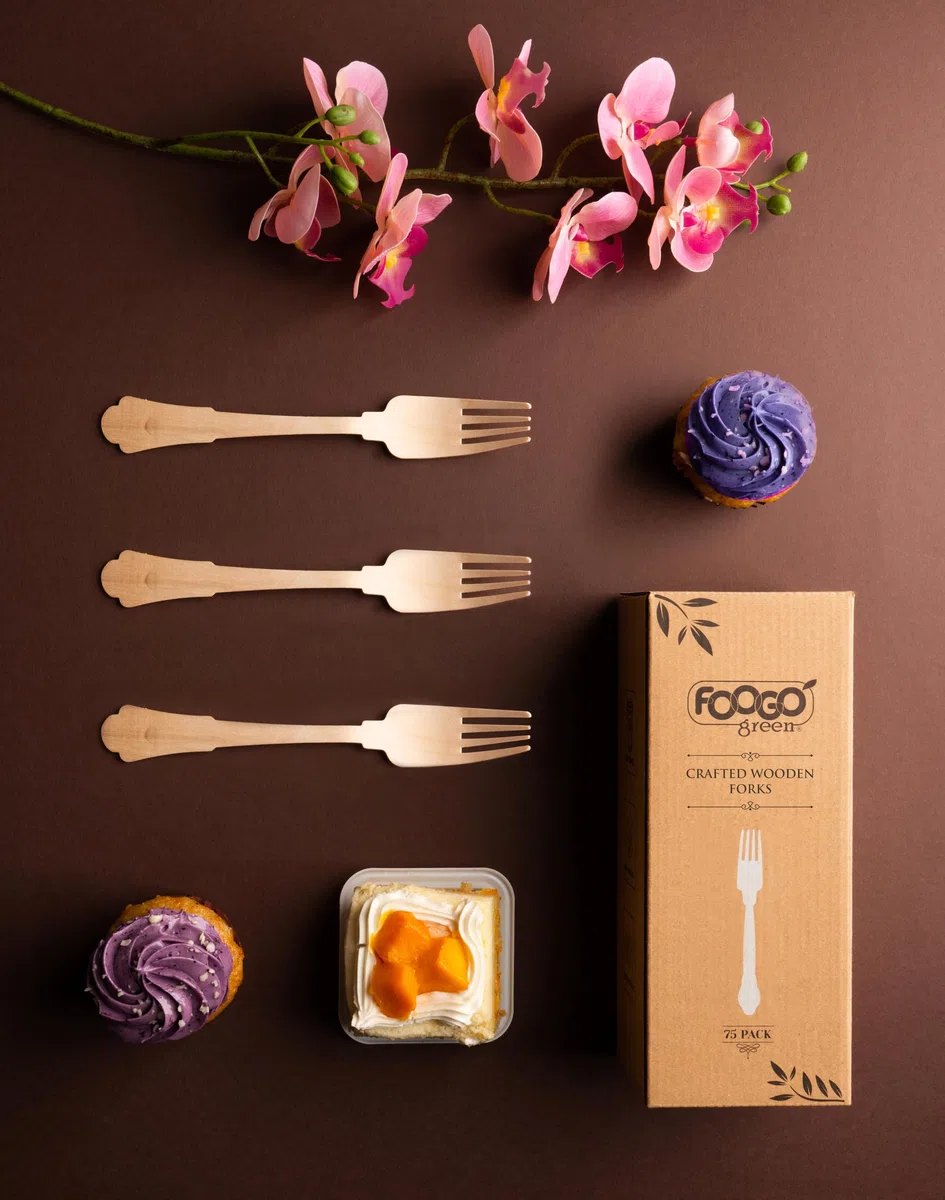 FOOGO Green 100 Stück elegante Einweg-Holzgabeln, FSC®-zertifiziert, 100 x Gabeln, 20 cm, biologisch abbaubar, umweltfreundlich, ideal für Hochzeiten, Bambus, Alternative zu Kunststoff