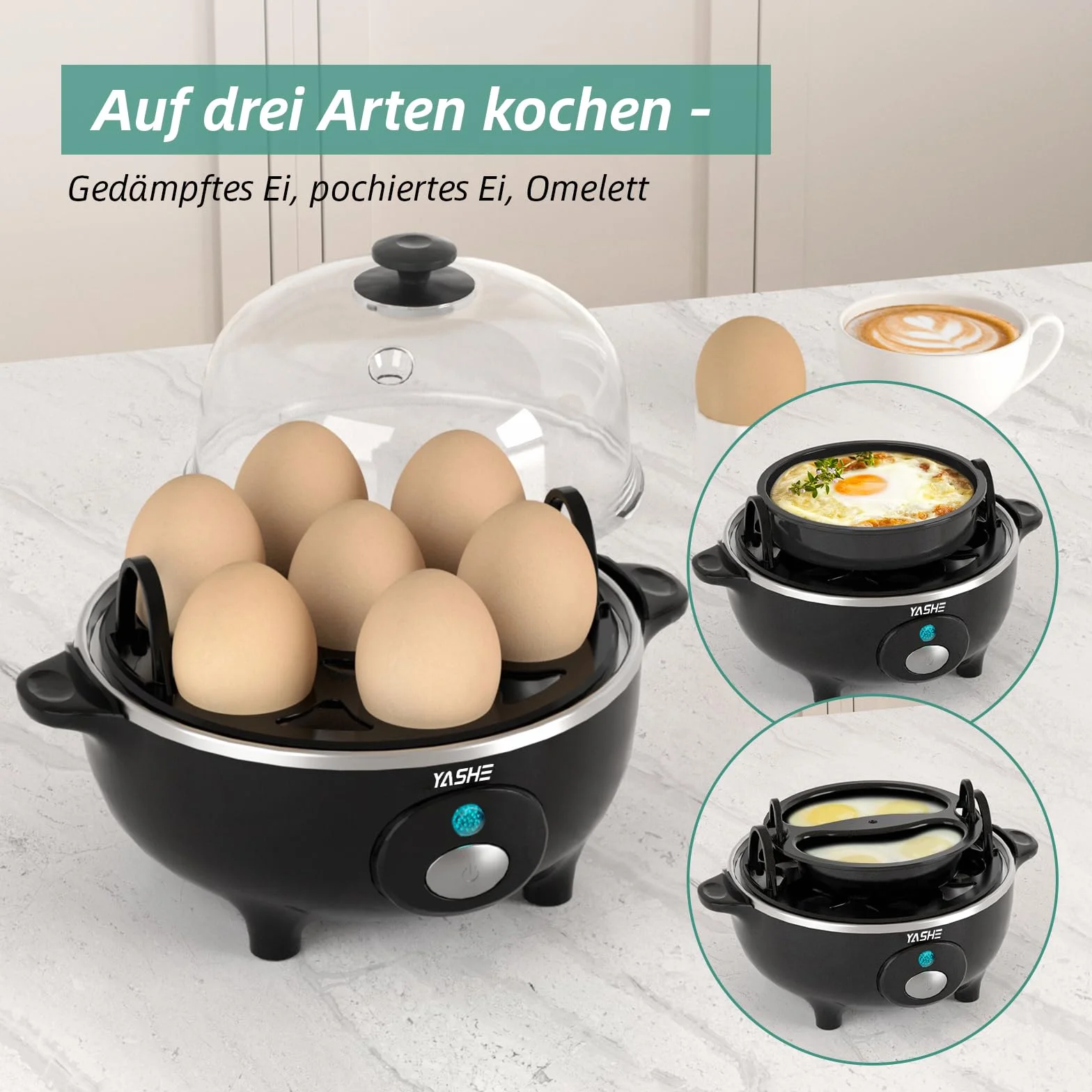 YASHE Eierkocher, 360W Kompakter Egg Cooker Multifunktional, 7 Eier leicht zu Pellen, Weich, Mittel, Hart Gekocht, Eierbecher, Omelett-maker, Dampfgarer, Signalton, Kontrollleuchte, BPA-frei