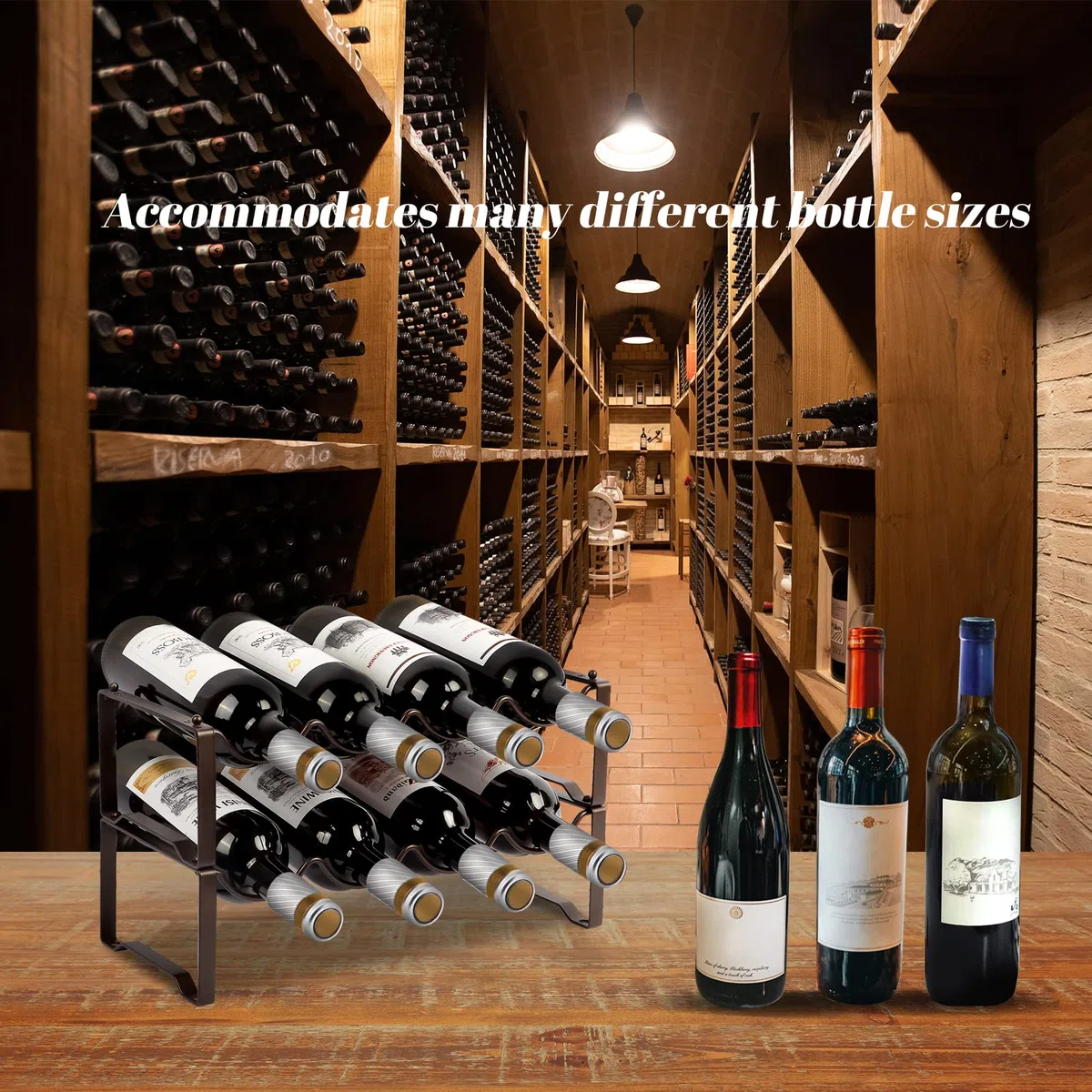 Weinregal Metall stapelbar flaschenregal für 8 Flaschen für Keller, bar und lagerraum, Wine Rack stabiles modular erweiterbare Flaschen und weinlagerung (2 Etagen)