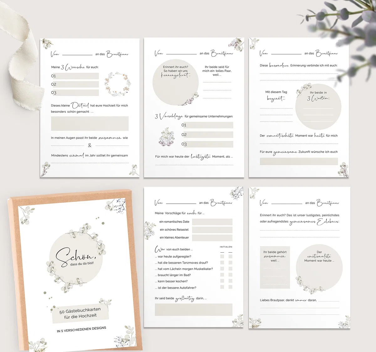 50 Gästebuch Karten für die Hochzeit mit Box | 5 verschiedene Designs | DIN A6 Postkartengröße | für alle Paare | Greenery & Eukalyptus Look