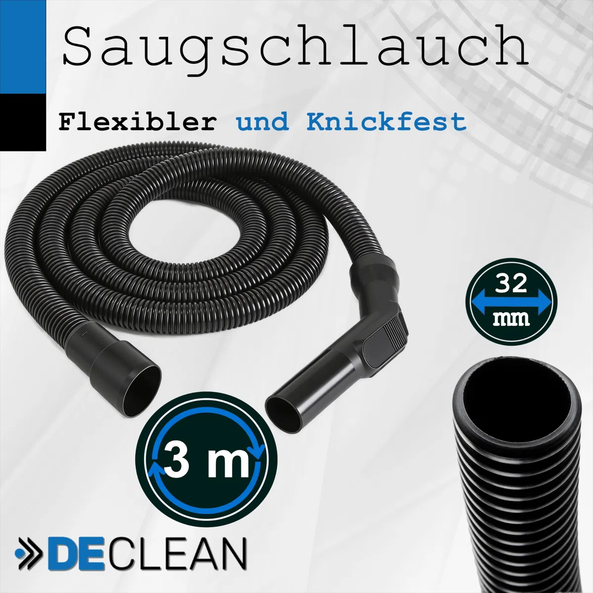 Saugschlauch 3 Meter Schlauch kompatibel mit Nilfisk, Wap, Alto, Kärcher NT | DeClean Staubsauger Ersatzschlauch passend für Makita Stihl, Bosch, Hitachi, Einhell, TopCraft Aldi, Parkside Lidl, Würth