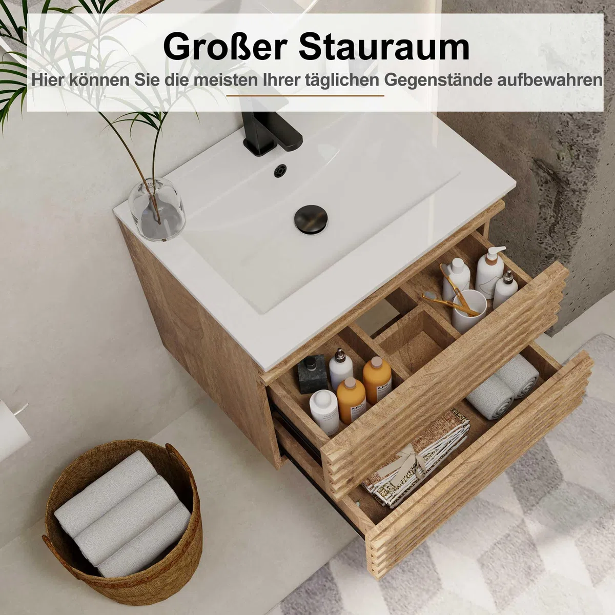 UEV Waschtisch mit Unterschrank, Waschbeckenunterschrank 60cm hängend, Schubladen mit Soft-close-System, Waschplatz, Wandwaschbecken, Badezimmmer Möbel für Gäste WC, Badmöbel Set für Badezimmer, Natur