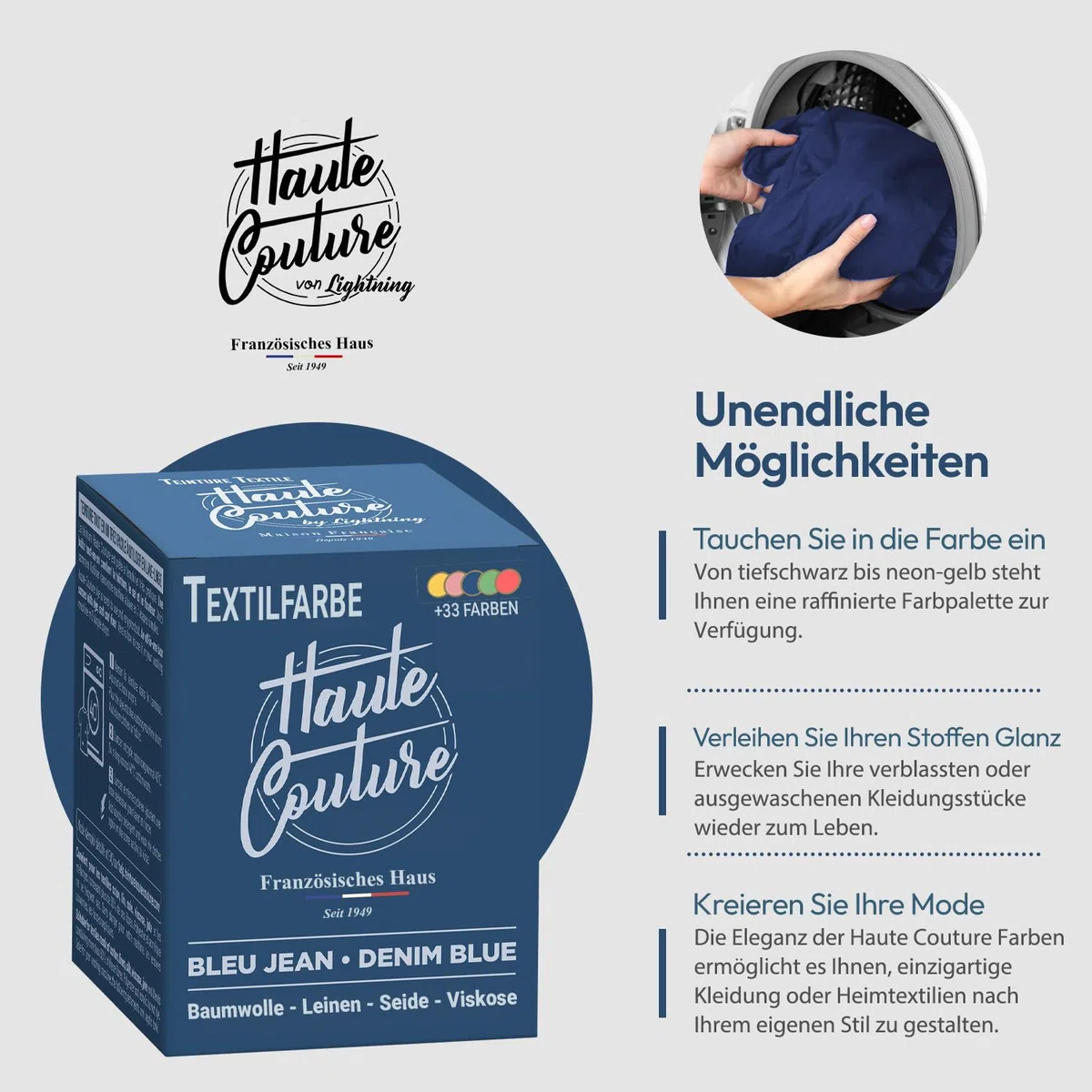 Haute Couture - Blau Textilfarbe - JeansBlau - 350g - Alles-in-Einem - Gebrauchsfertig für Kleidung und Stoffe