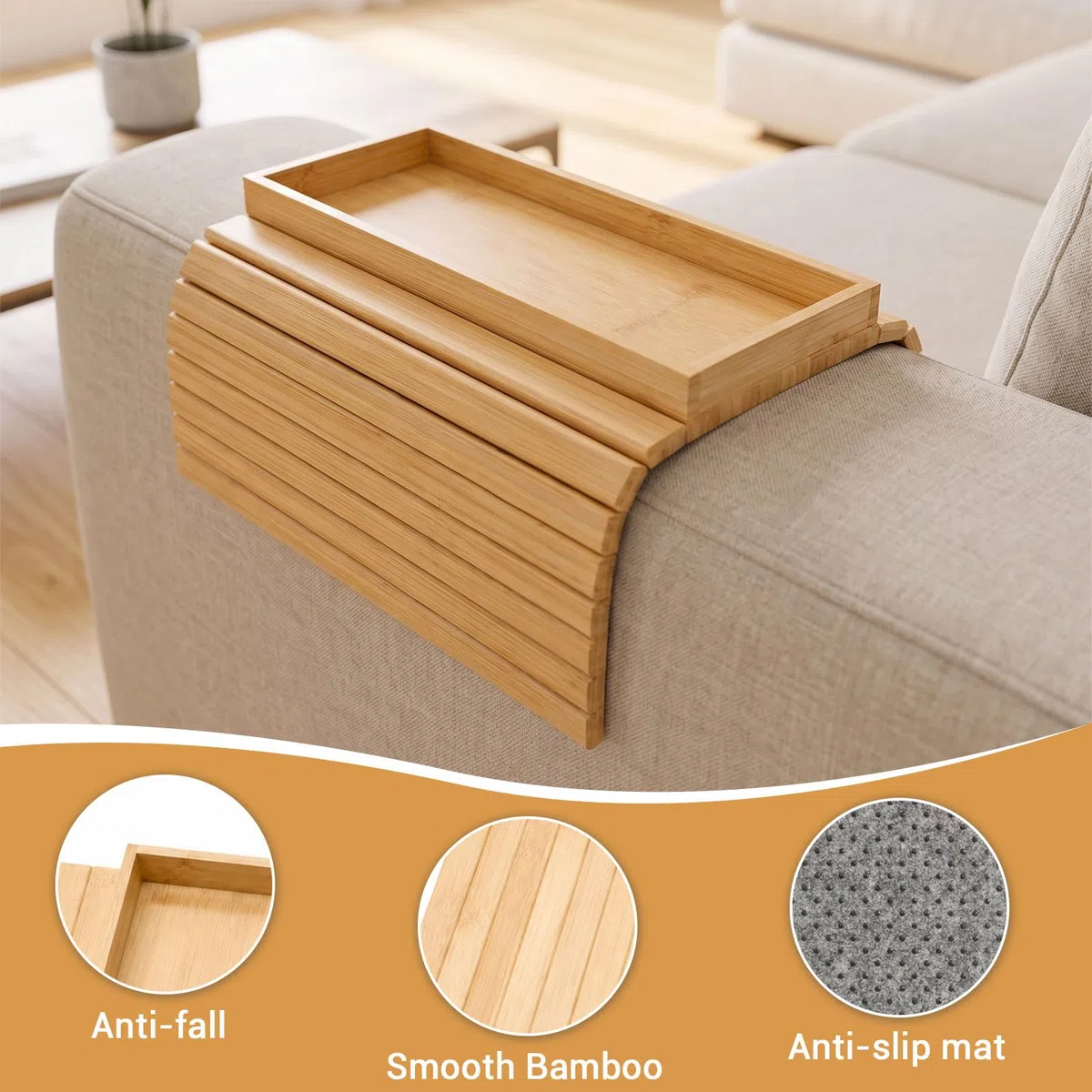 Sofatablett Armlehne aus Holz, Couch Tablett zum Einhängen, Sofaablage für Snacks, Getränke und Fernbedienung, Armlehnen Tablett Platzsparender Home Organizer für Sofa und Sessel