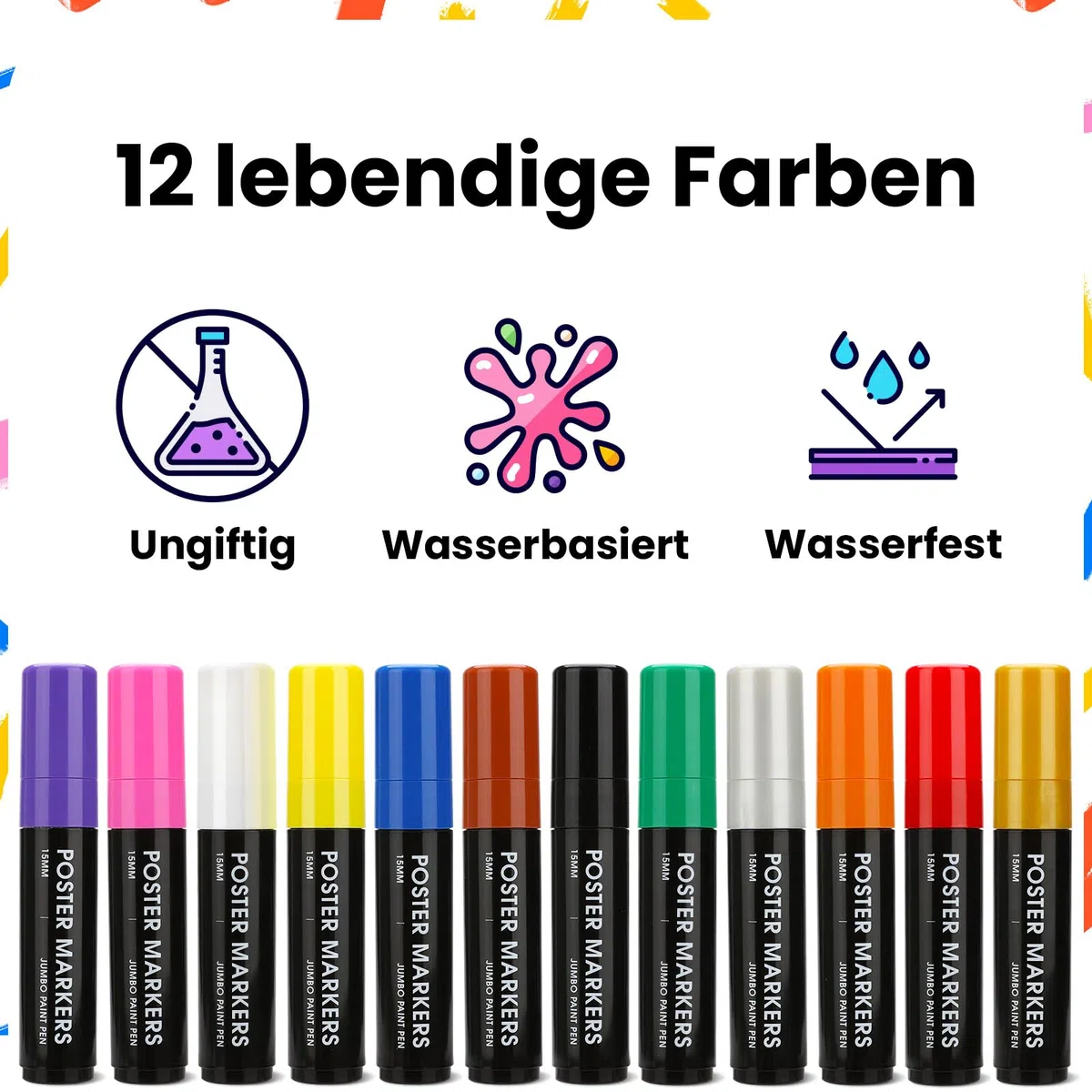ZENO Jumbo Acrylmarker – 12 Farben, 3-in-1 Chisel-Spitze (15 mm), Wasserfeste Marker für Kinder & Künstler, Dicke Acrylstifte für Poster, Holz, Stoff, Glas, Stein & DIY