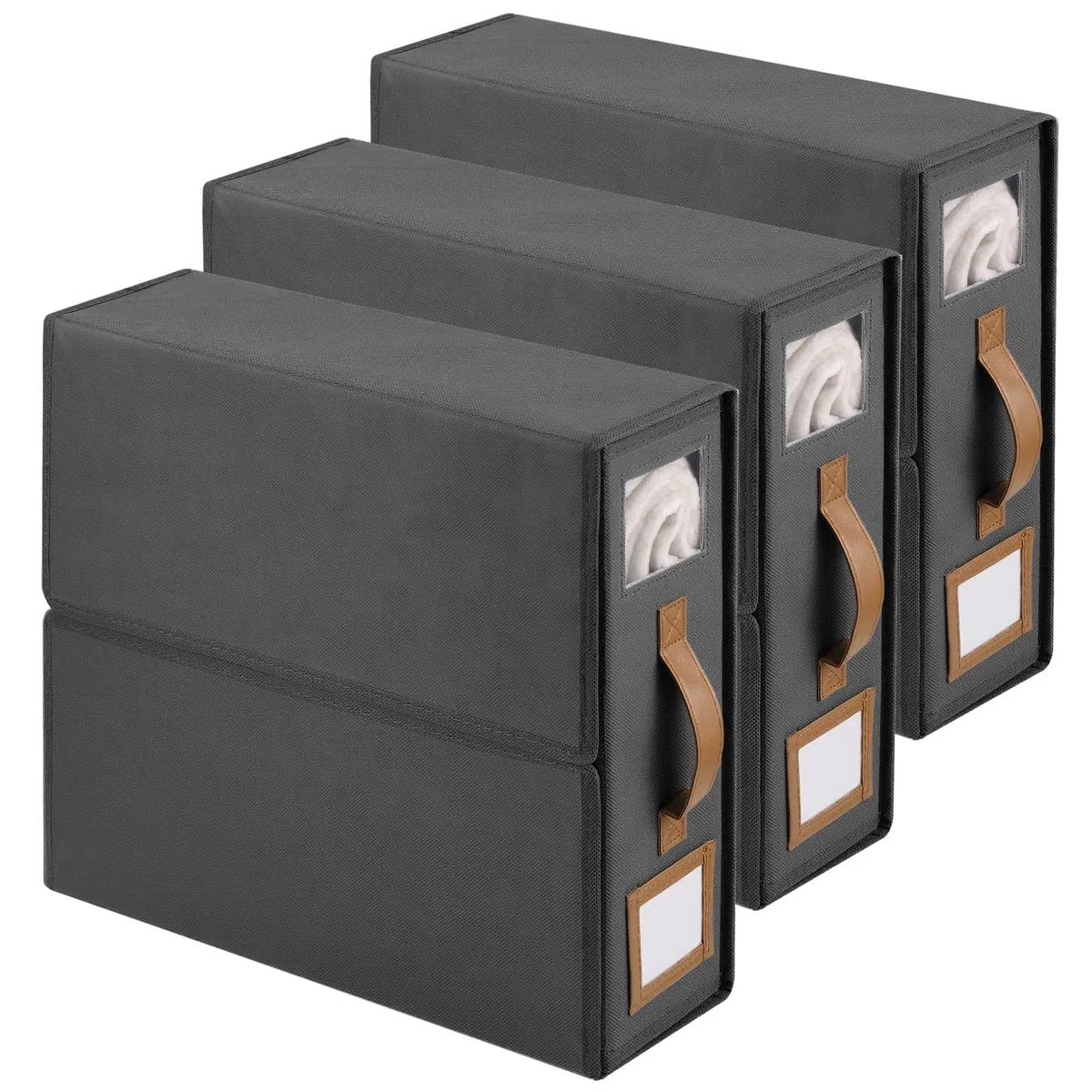 Zocipro 3 Stück Bettwäsche Aufbewahrung Organizer, 38 x 32 x 11,5 cm Faltbare Bettlaken Organizer mit Griff und Fenster, Bettwäsche organizer Box für Laken,Bettbezüge,Decken und Handtücher,Grau