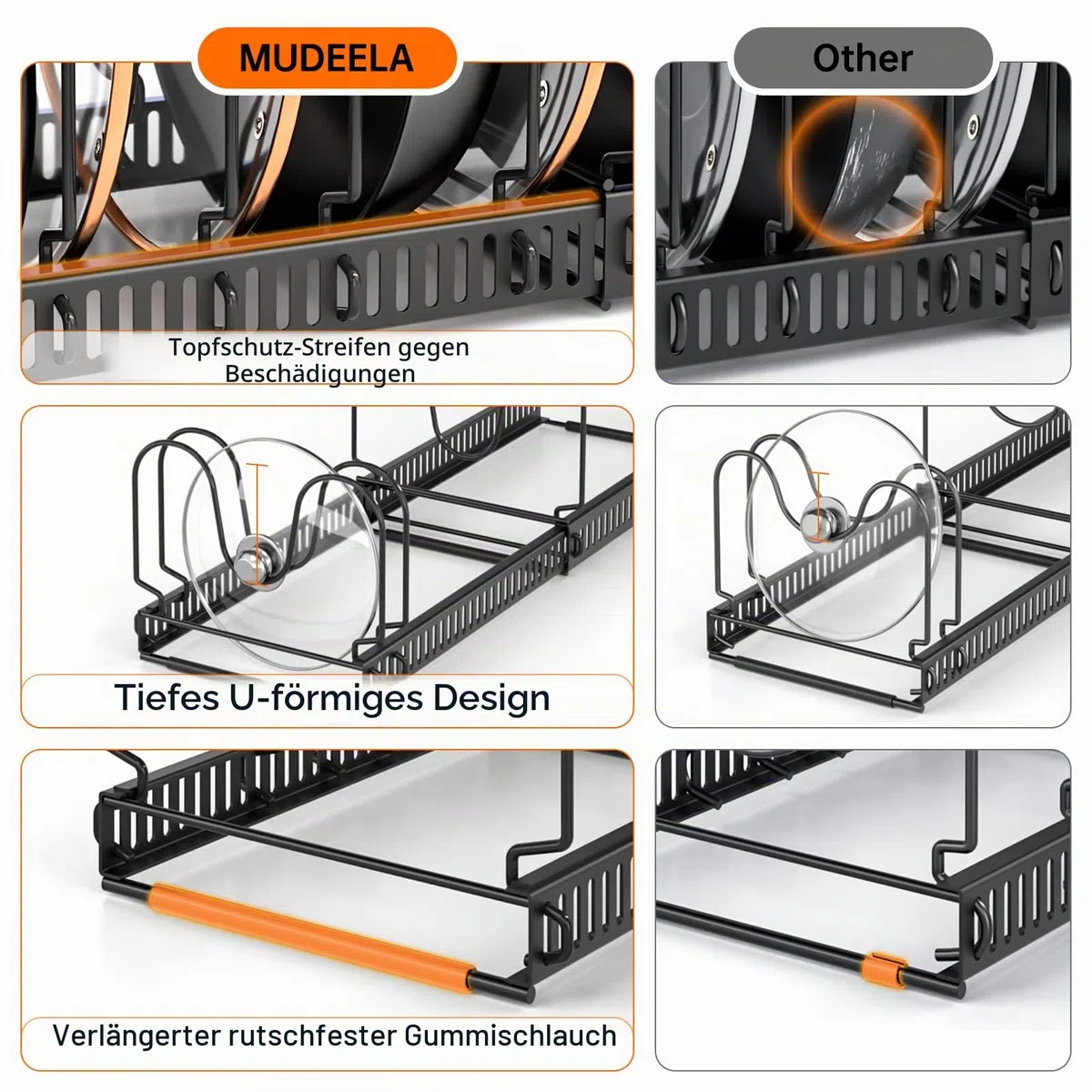 MUDEELA Töpfe und Pfannen Organizer, Erweiterbarer Küchenschrank Organizer mit 10 Verstellbaren Fächern Ideal für Schneidebretter, Gusseisenpfannen und Kochzubehör Topfdeckelhalter, Schwarz