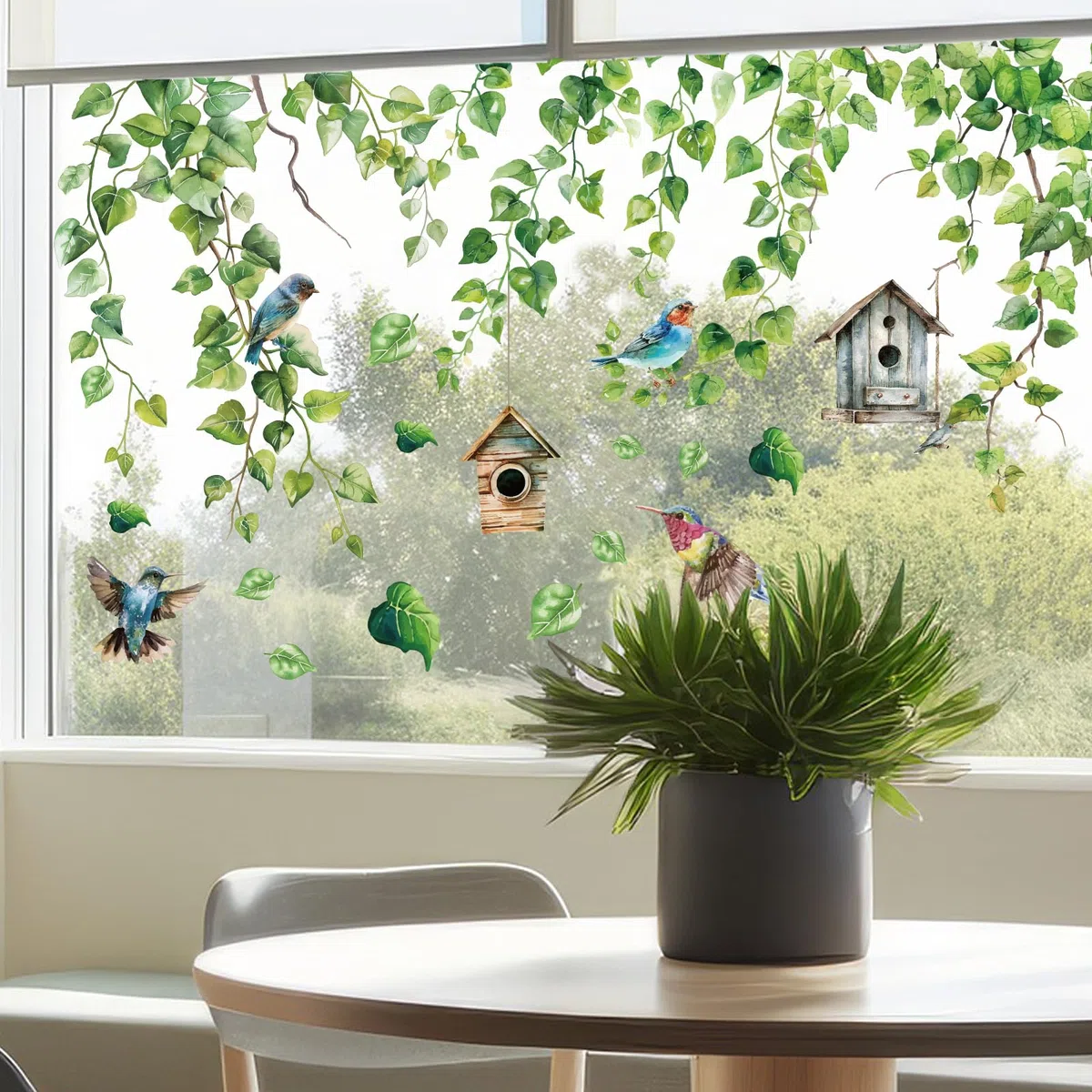 PLIGREAT 9 Blätter Hängende Grüne Rebe Fensterklammern Vögel Blumenkäfig Fensteraufkleber Selbstklebende DIY Aufkleber für Schlafzimmer Home Fenster Dekor Store Display Glastür Dekorativ