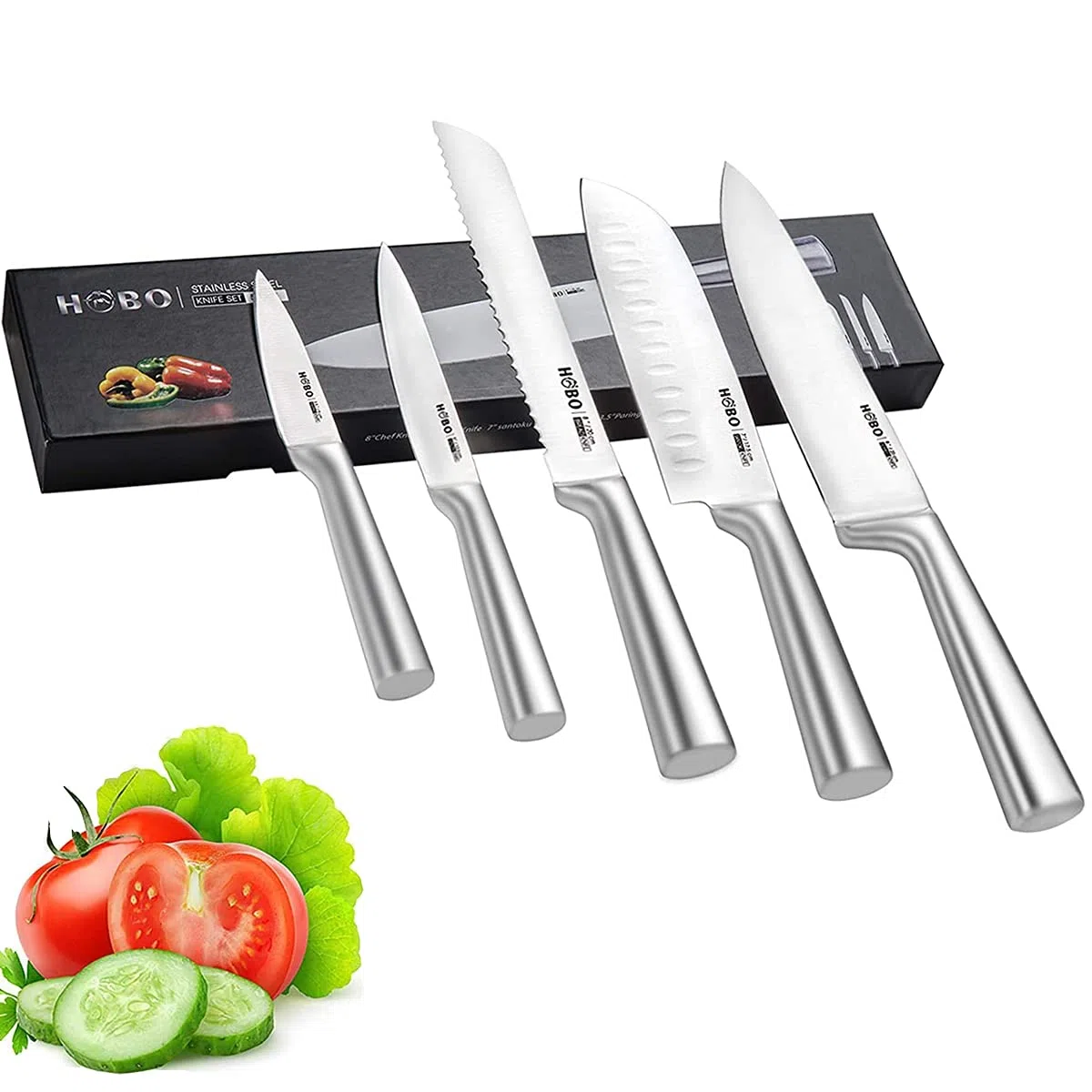HOBO Profi Messer Set 5 teilige, Küchenmesser Set mit Edelstahlklinge aus Edelstahl, Scharfes, Rutschfester, Gefrosteter Griff - Kochmesser/Brotmesser/Santoku/Universalmesser/Gemüsemesser