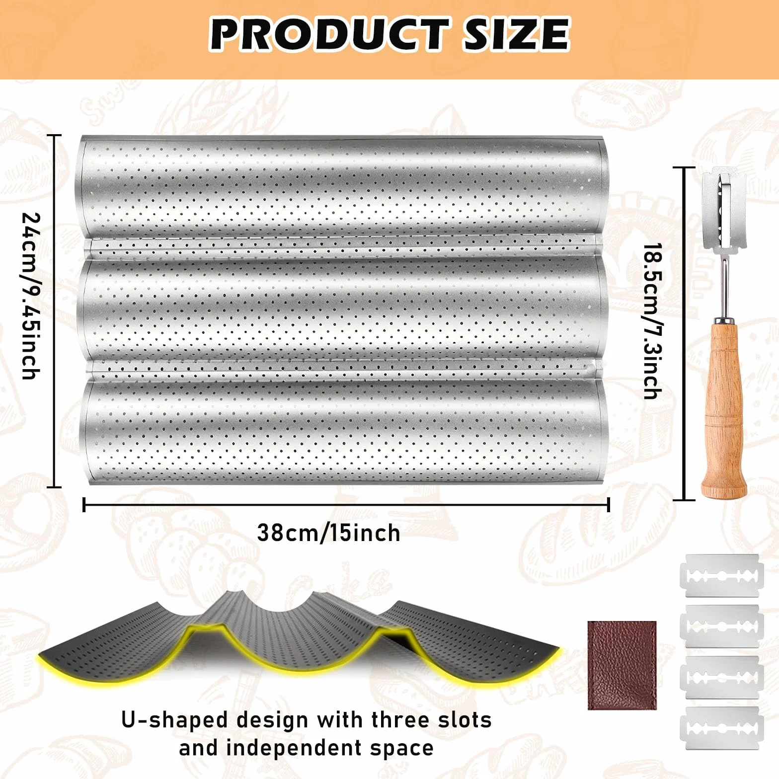 BORDEAG Baguette Backform, 2er Set Baguetteblech für 3 Baguettes mit Bäckermesser, Antihaftbeschichtung Baguette-Backblech, Baguette Blech, Brot Backen Zubehör, 38x24cm
