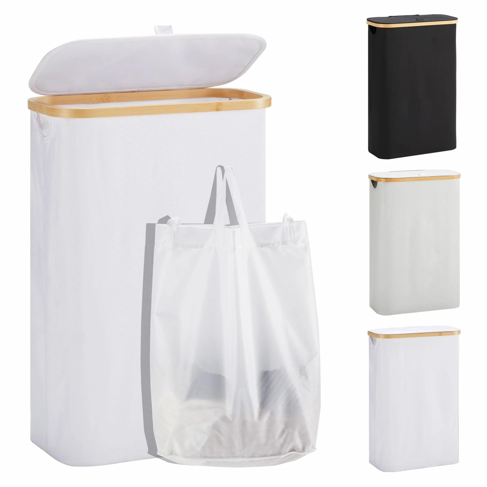 YOUDENOVA Wäschekorb mit Deckel 48L Wäschesammler schmal mit Wäschesack faltbarer Wäschesortierer Holz Bambus Wäschetruhe hoch Laundry Baskets, Weiß