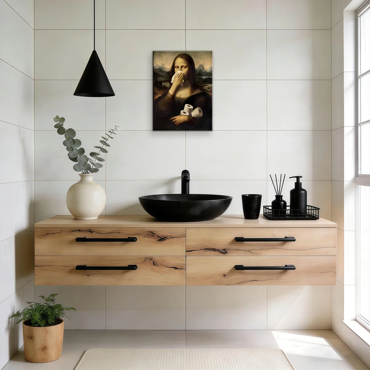Lustiges Mona Lisa Leinwand Bilder Mit Rahmen, Mona Lisa mit Klopapier und Nase-zu-Geste Bild Auf Leinwand Wandbilder, Vintage Ironische Wanddeko für Toilette, Gäste, WC oder Badezimmer 30X40cm