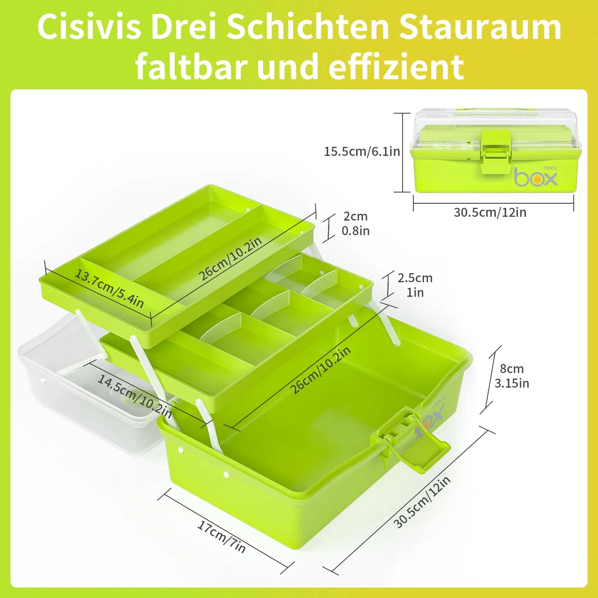 3 Regal Mehrzweck Aufbewahrungsbox, Bastelkoffer Aufbewahrung Kinder, Sortierbox, Organizer Box, Bastelbox, Nähkasten, Toolbox, Angelkoffer, Medizinkoffer - Grün（30.5CM x 18CM x 15CM）