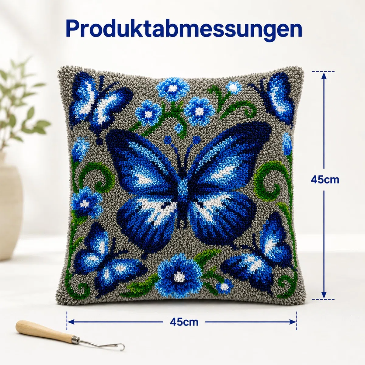 Komergave Knüpfkissen Set 45x45cm, Knüpfkissen mit Schmetterling Motiv, Knüpfteppich zum Selber Knüpfen für Erwachsene, DIY Gehäkelter Kissenbezug für Wohndekoration