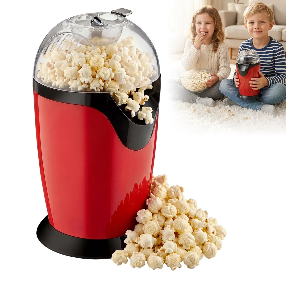 Popcornmaschine,1200W 220V Heißluft Popcorn Maker,Elektrische Popcorn Maschinen,Retro Popcorn Maker,Mini Popcorn Maker Für Heimkino,Filmabende,Partys,3 Minuten Schnell Und Einfach,Schwarz-Rot
