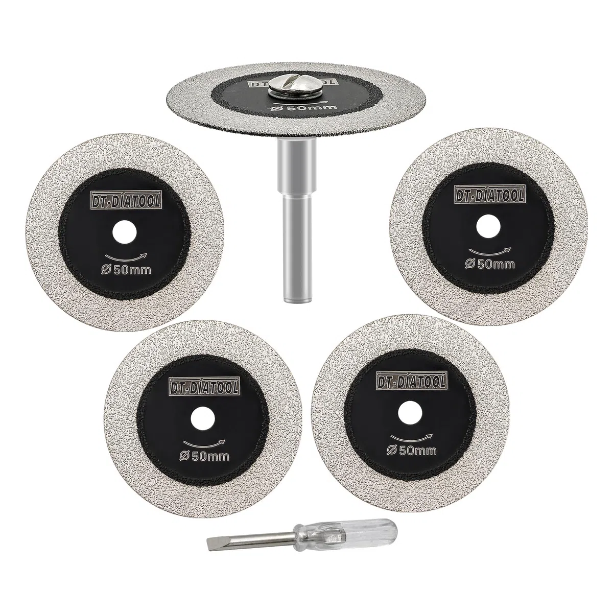 DT-DIATOOL Diamant-Glas-Trennscheiben 50mm– 1 mit 6mm-Schaft und 4 Schaftlos – für Fliesen, Weinflaschen, Kristall, Keramik, Stein, 5 Stück