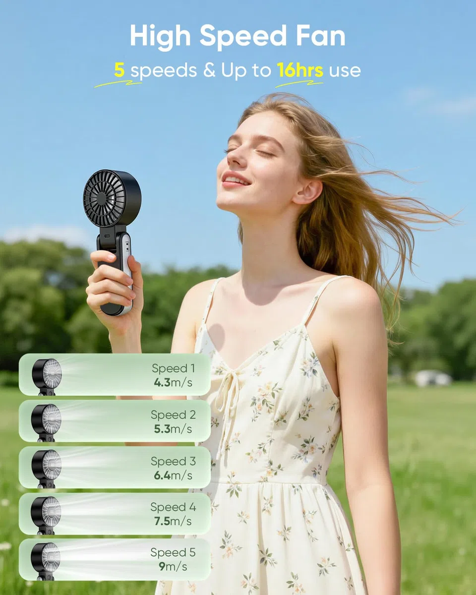 TriPole Handventilator, tragbarer USB Ventilator, 5 Geschwindigkeiten, starker Luftstrom, LED-Anzeige, 4000mAh Mini Ventilator klappbar für Reisen, Urlaub, Tisch, Outdoor, Ausflug (Schwarz)