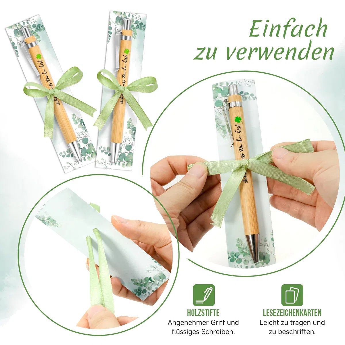 Okoss 30 Stück Schön dass du da bist Holz Kugelschreiber mit Eukalyptus Karte, Stifte Gastgeschenke Hochzeit Taufe Kommunion Konfirmation Geburtstag Abschied Abschluss Dankeschön Geschenk