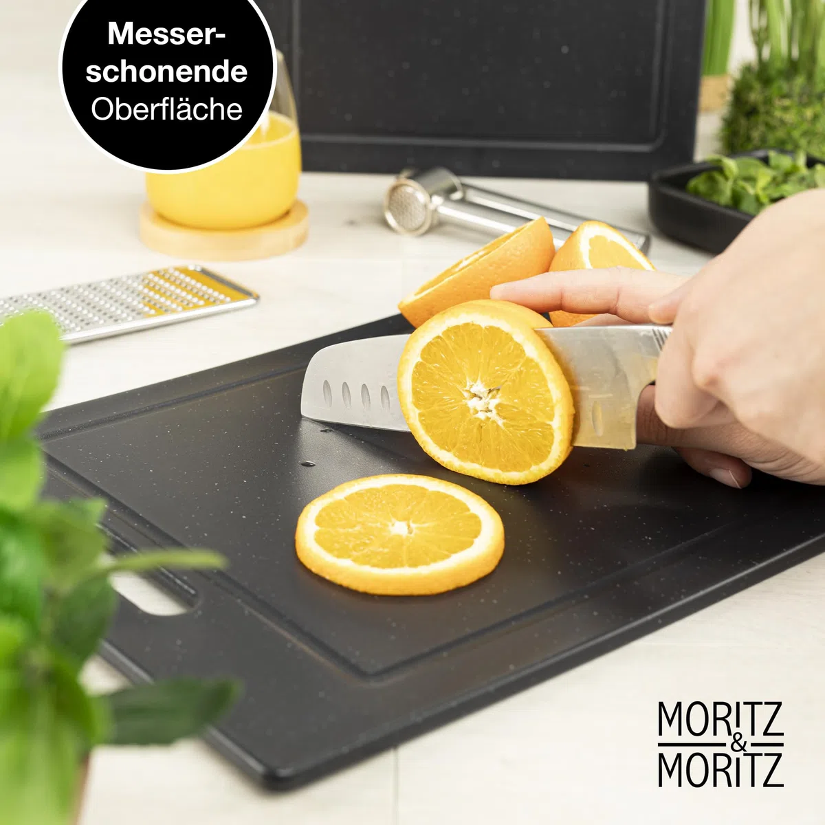 Moritz & Moritz 2x Schneidebretter Kunststoff - 36 x 27,5 cm - Schneidebretter BPA frei - Küchenbretter Granitoptik - Cutting Board mit Antirutschfüßen, Eingriffsöffnung - Schneidebrett mit Saftrille