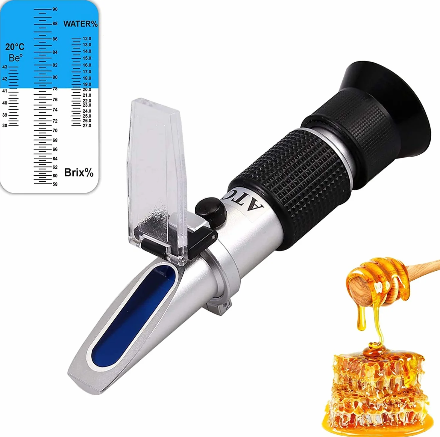 RGBS Honigrefraktometer, Brix, Baume und Wasserfeuchtigkeit 3-in-1 Honigtester mit ATC. 58-90% Brix, 38-43 Be' und 12-27% Wasserfeuchte-Messbereich für Honig, Bienenzucht
