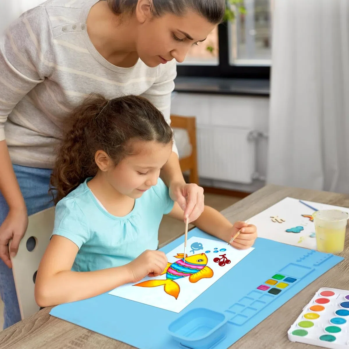 Silikon Malmatte, Bastelmatte Silikon 40*50cm, Antihaftbeschichtet Bastelmatte Kinder, Sbastelunterlage Kinder, Silikon Malmatte Mit Becher, Für Aquarell Schneiden Kunst Schöpfung Ton Und DIY-Projekte