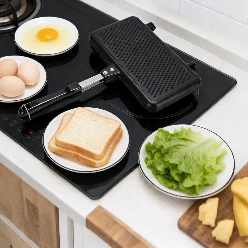 Sandwichmaker Camping Doppelseitige Bratpfanne mit Hitzebeständigem Griff, Sandwich Antihaftbeschichtete Grillpfanne mit Aluminium, Waffeleisen Klapptoaster Sandwich Maker Für Die Küche Zu Hause