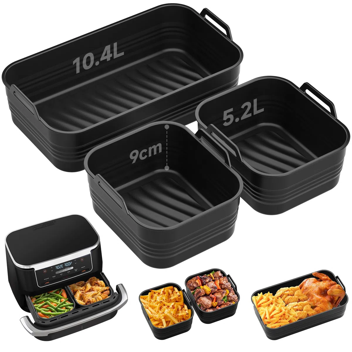 Alyvisun Silikonform für Heißluftfritteuse, 3 Stück Airfryer Silikonformen Wiederverwendbar Silikon Backform Zubehör Auflaufform Faltbar Einsatz Mold für 10 L/10,4 L Air Fryer (1x10,4 L+2x5,2 L)