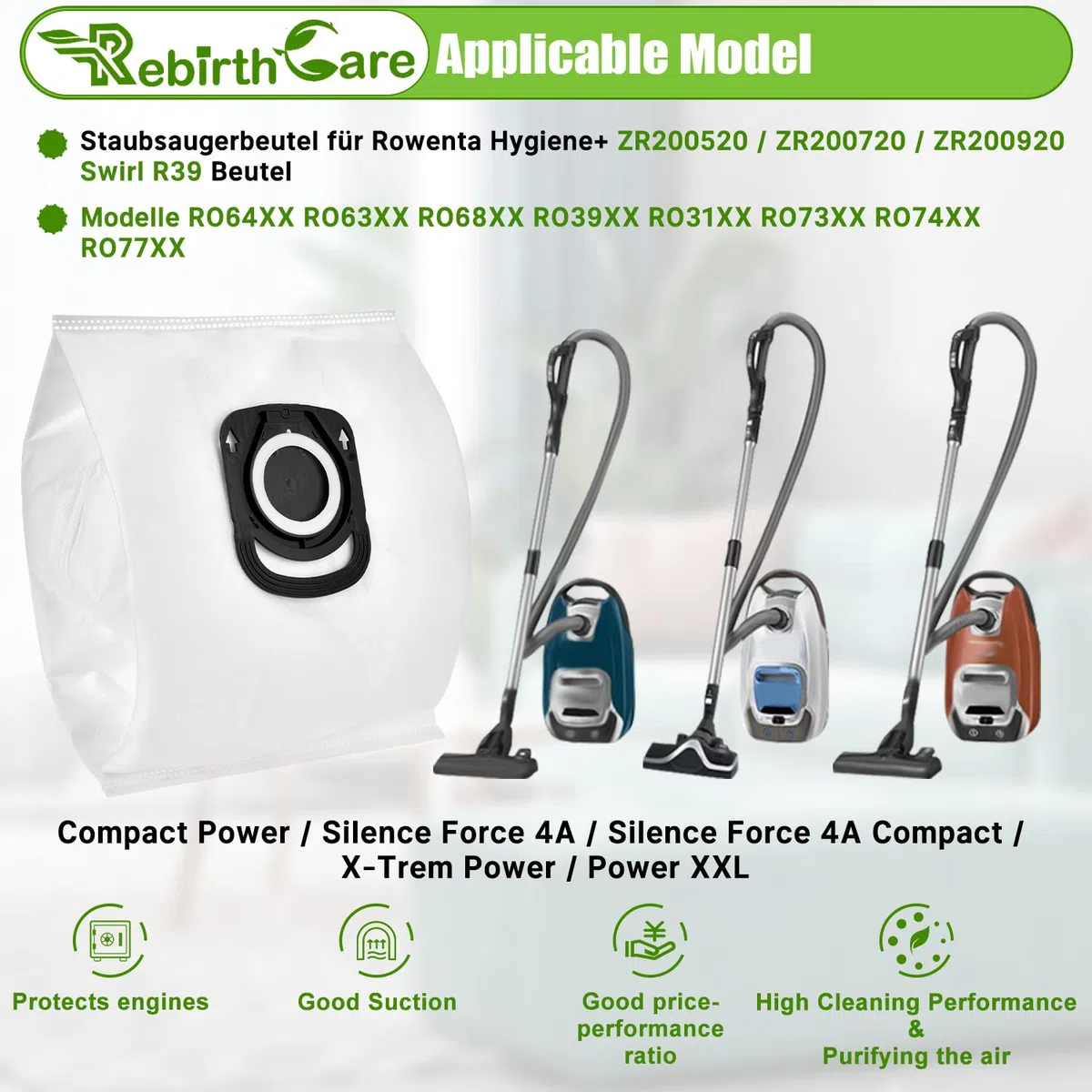 ZR200520 R39 Beutel für Rowenta Compact Power RO31 RO77 RO64 RO74 RO39 Staubbeutel für Rowenta Silence Force, Power XXL, Hygiene+, X-Trem Power, Ersatz ZR200540 ZR200720 ZR200920