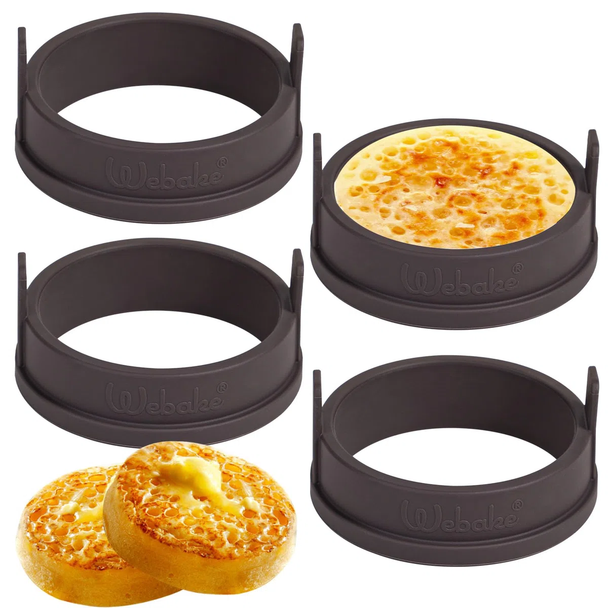 Webake Crumpet Ringe Silikon 4 Stück 9cm Pancake Form für pfanne Spiegeleierformen Eierringe Eier Ring für Crumpet Pancake Eier