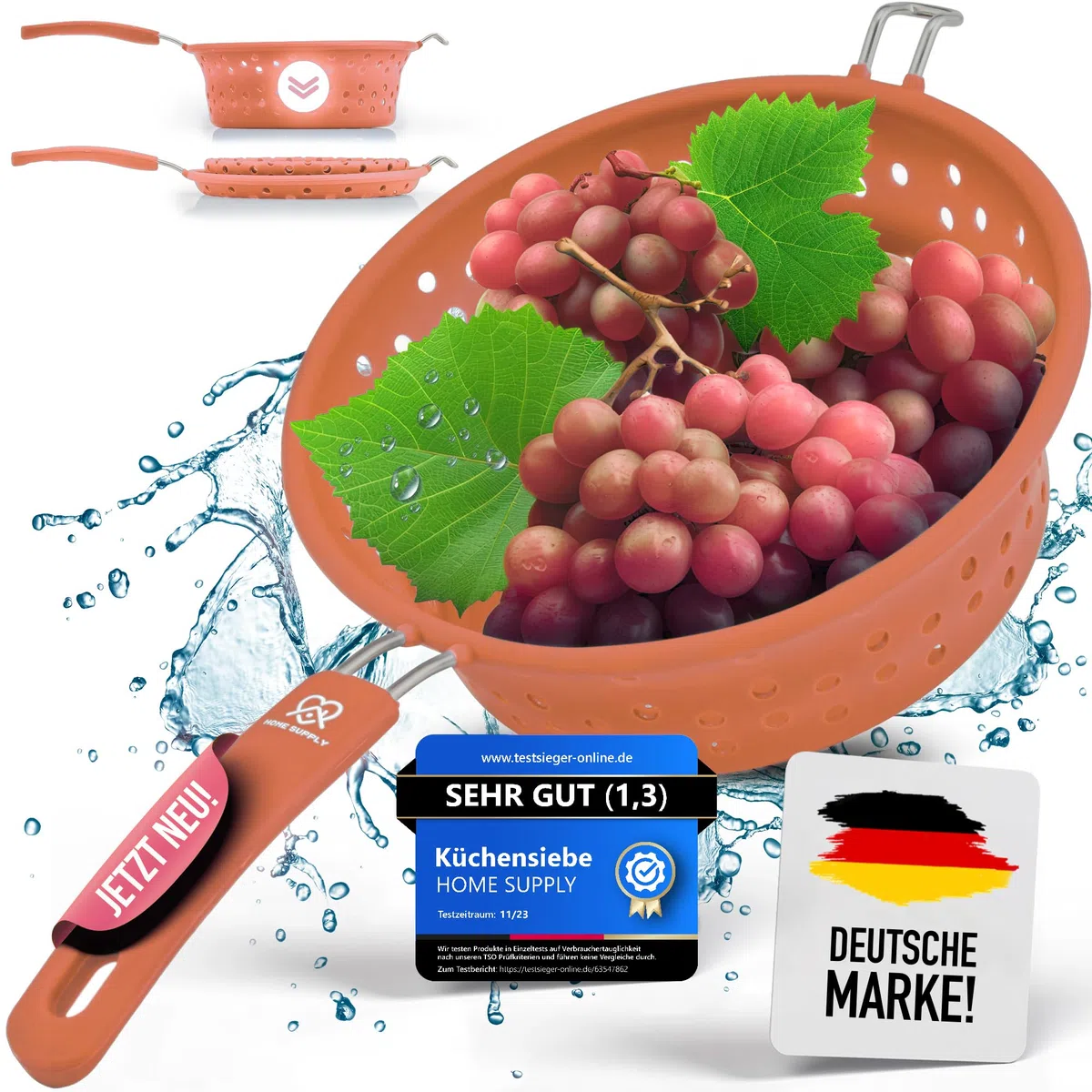 3-in-1 Faltbares Sieb aus Silikon und rostfreiem Edelstahl, Küchensieb, Nudelsieb, Dampfgar Einsatz, Abtropfsieb, platzsparend, multifunktional, geschirrspülfest, 21cm Lachsrosa
