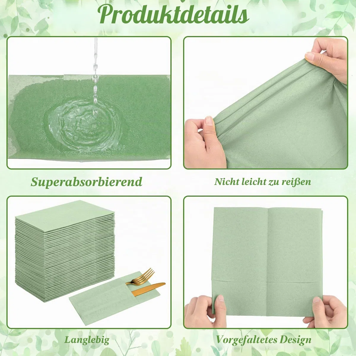 60 Stück Salbeigrün Leinenservietten mit integrierter Bestecktasche, 40.6cm×40.6cm Servietten Kommunion Junge Stoffähnlich Einweg-Servietten für Tischdeko Konfirmation Hochzeit Babyparty Geburtstag