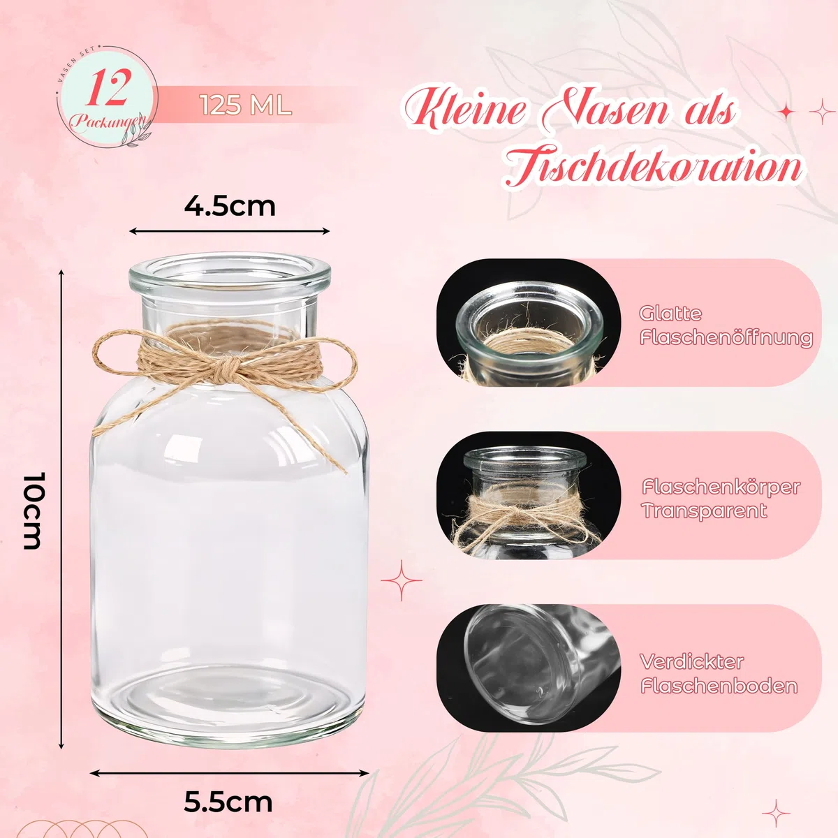 BTSD-home 12 Stück Blumenvase Kleine Vasen für Tischdeko 125ml Glasvase Ideal für Hochzeitsdeko Party Home Deko