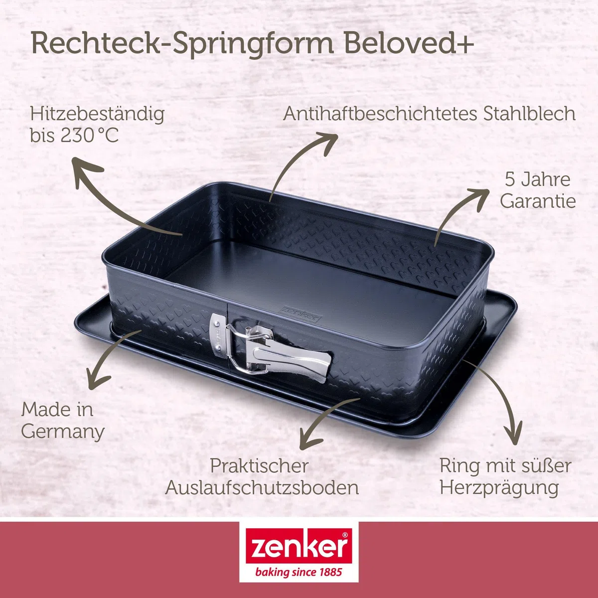 Zenker Rechteck-Springform 28 x 18 cm – Ideal für Valentins- & Muttertag, mit einzigartiger Herz-Prägung, PFAS-frei, Made in Germany, Schwarz