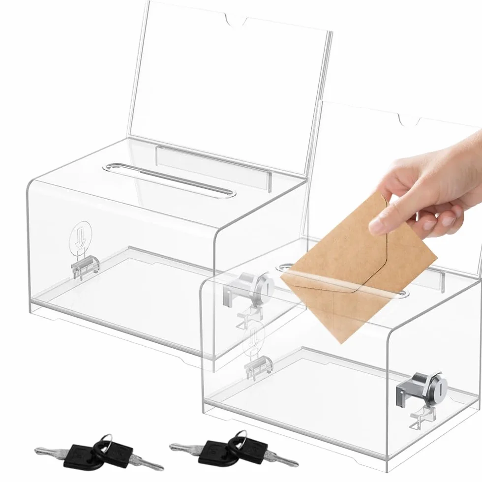 2 Stück Acrylspendenbox, Spardose Mit Schlüssel, Spendenbox Abschließbar, 16 * 12 * 10cm Wahlurne Transparent, Spardose Transparent, Gewinnspiele, Wettbewerbe, Visitenkarten