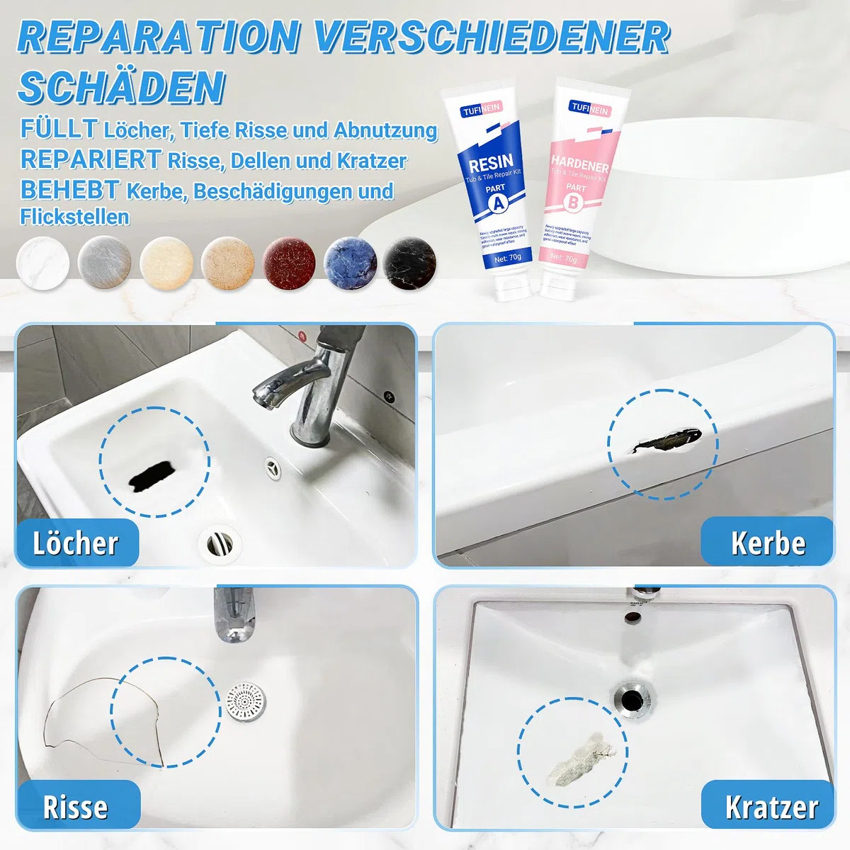 Badewannen Reparaturset Weiß 140g (Farbübereinstimmung), TUFINEIN Emaille Reparaturset für Porzellan, Keramik, Acryl, Reparatur von Rissen, Sprüngen und Löchern auf Fliesen/Waschbecken/Duschwanne