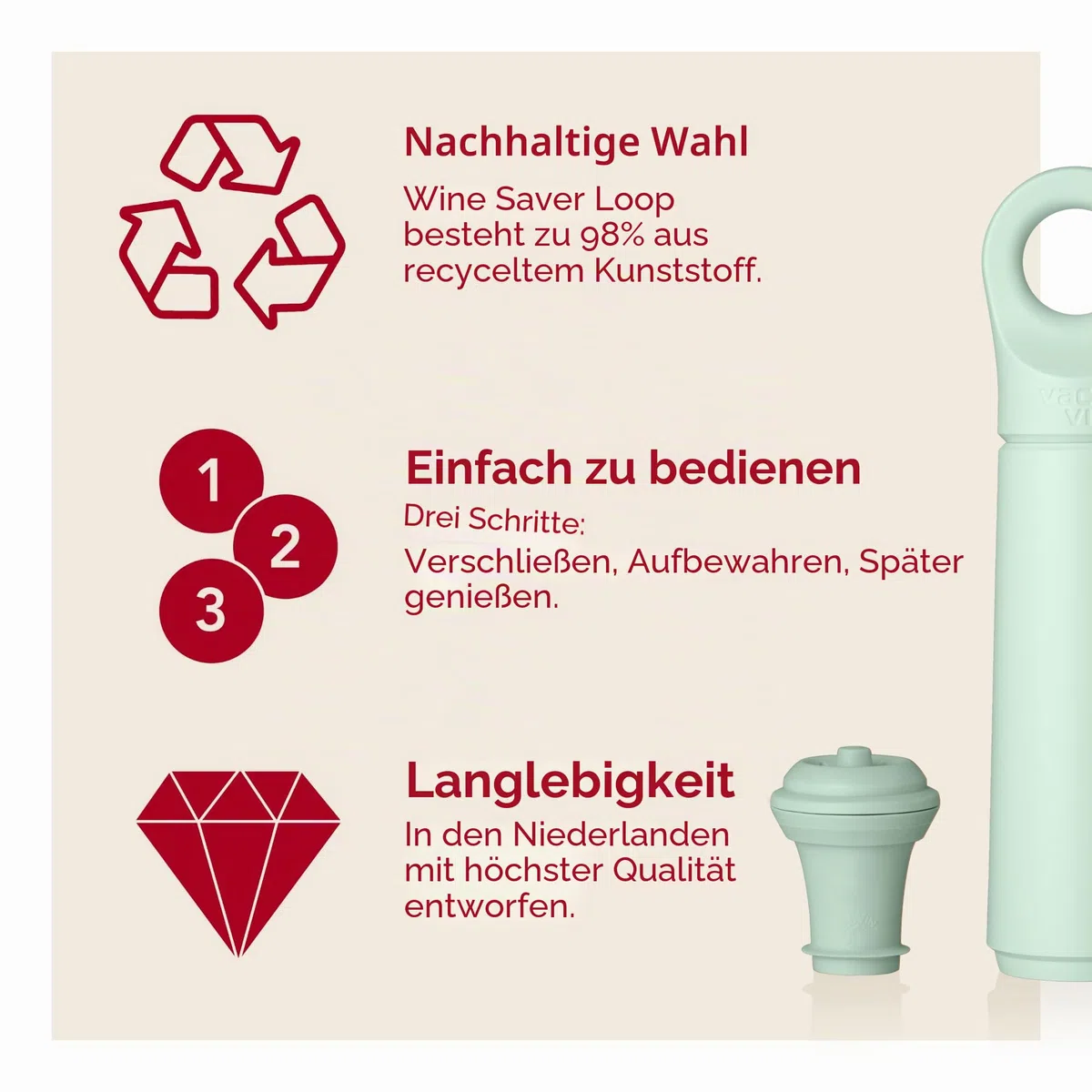 Vacu Vin Loop Weinpumpe - Entwickelt und Hergestellt in den Niederlanden - Vakuum-Weinverschluss hält Ihren Wein bis zu 10 Tage lang frisch - Wiederverwendbar - 1 Pumpe, 1 Stopper, Jade