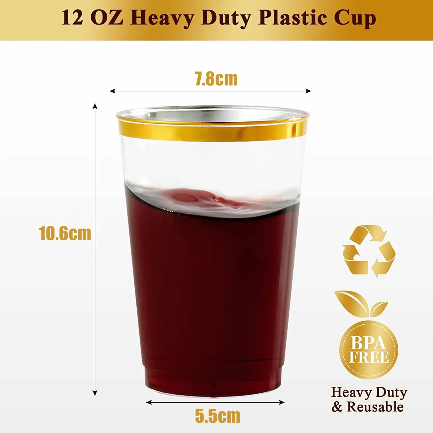 LATERN 50 Stück Plastikbecher mit Goldrand, 360ml Becher aus Kunststoff Wiederverwendbare Trinkbecher Elegante Party Weingläser für Champagner Bier Cocktail Martini Soda Dessert (10,5 x 7,5cm)