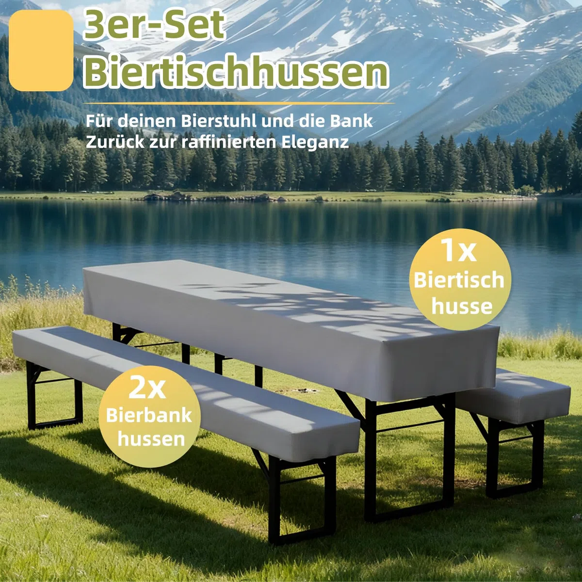 3-teilige Bierzeltgarnitur Auflage, Enthält 2 Bierbank Hussen und 1 Biertisch Husse aus Polyestermaterial, Waschbar und Fixierbar Bierzeltgarnitur Hussen, für Bankette im Freien（Grau, 220x50cm）