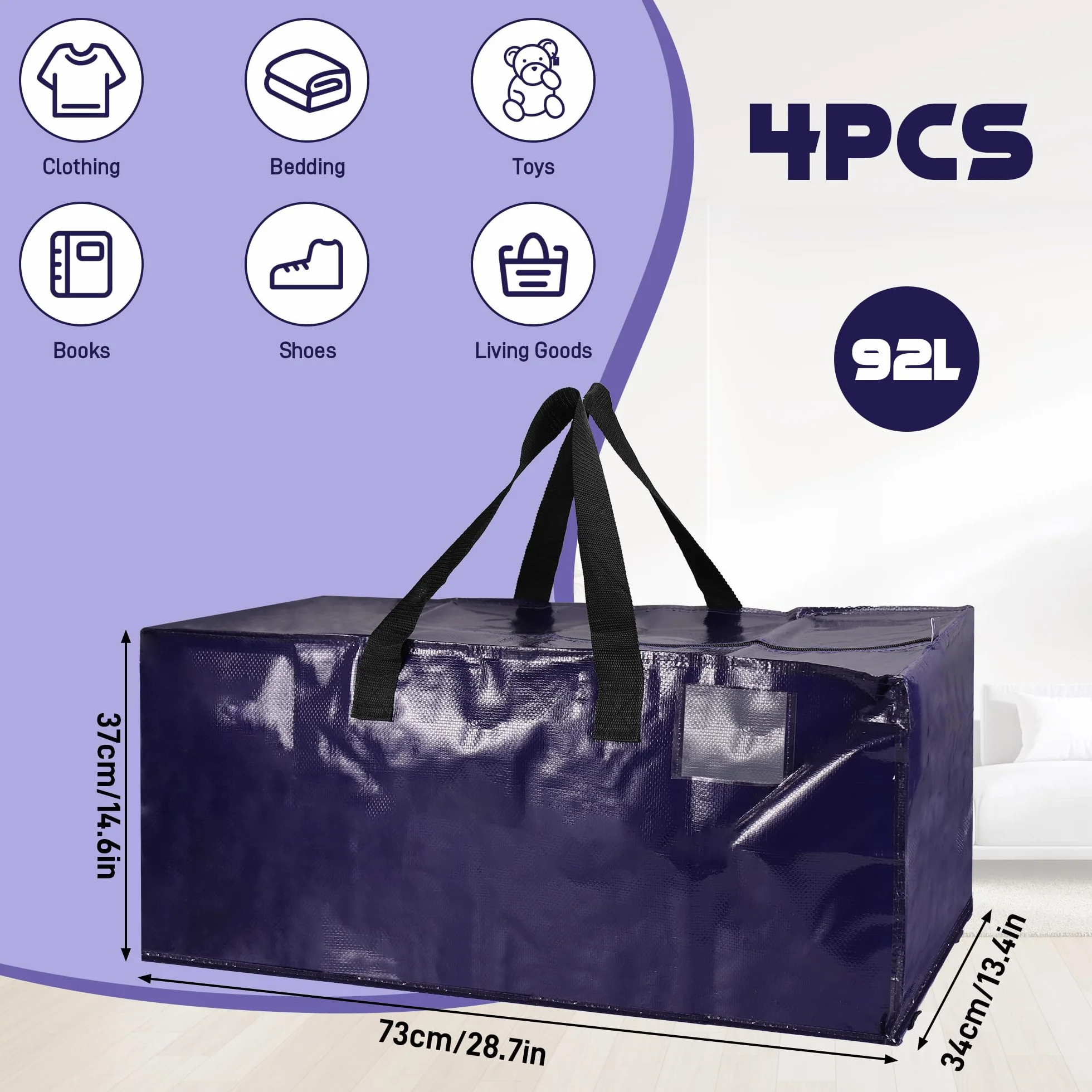 Starvortex 4Stk Umzugstaschen, 92L Aufbewahrungstasche xxl mit Reißverschluss, Durable Wasserdicht Große Tasche mit Reißverschluss, Hochbelastbar Plastiktasche für Umzug Kleidung